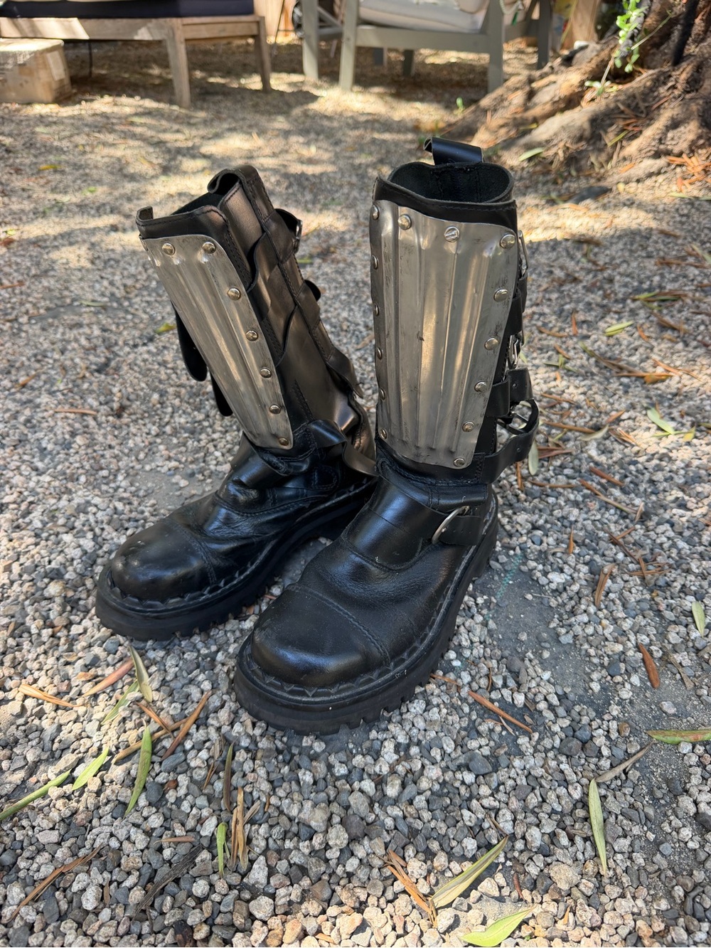 Black Men's Leather Combat Boots with Metal Shin Guards